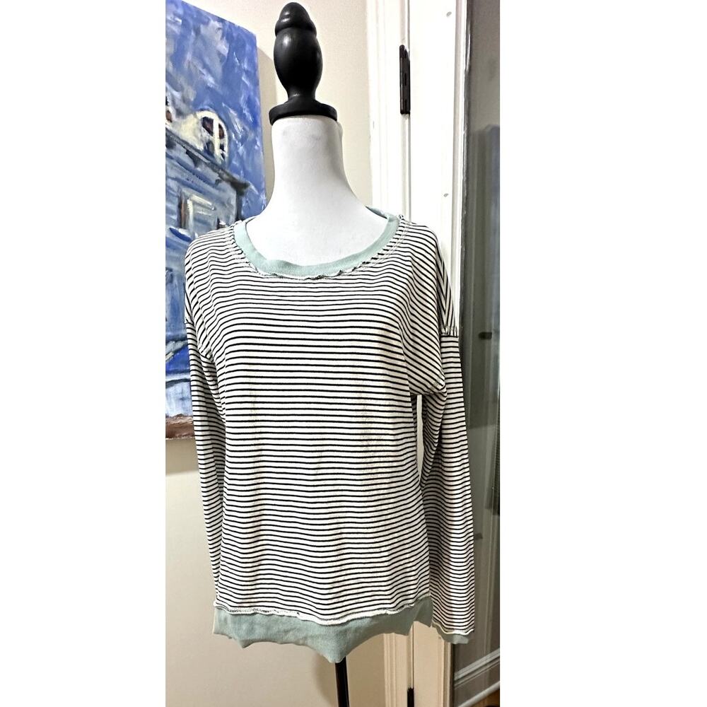 Hem & Thread sage trim and black/cream stripe french terry top L